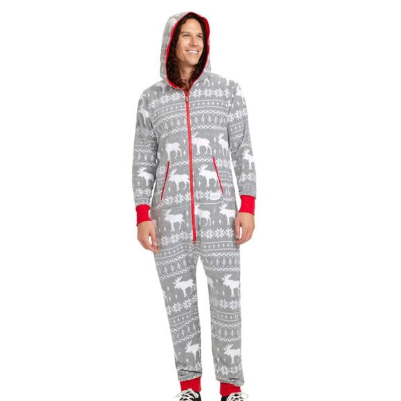 Tipsy Elves Men's Grey Moose Christmas Fleece Onesie Fair Isle Jumpsuit, 3X, NWT - Picture 1 of 7